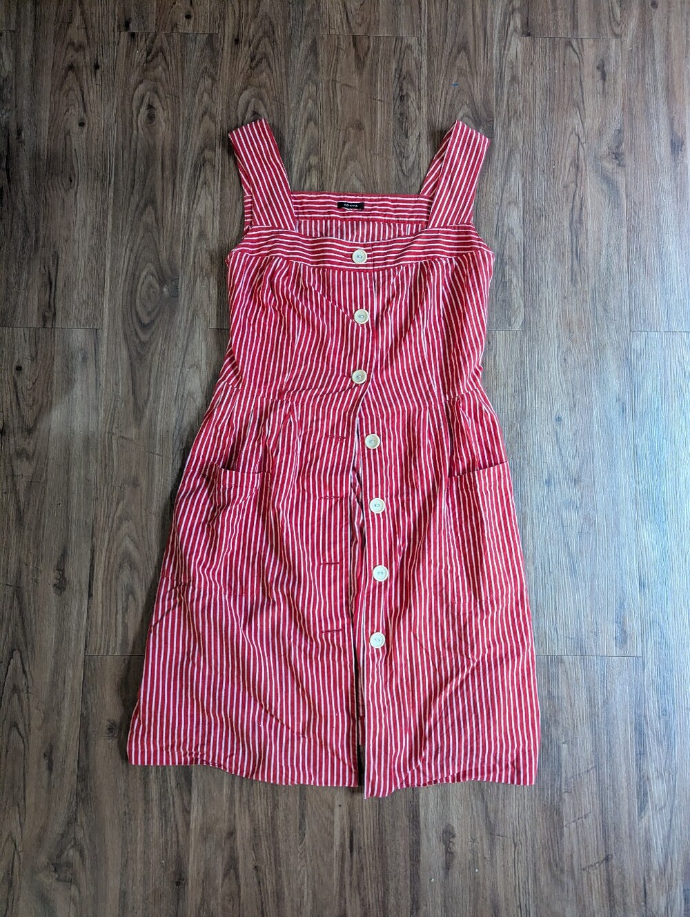 Tocca Red and White Striped Button-Front Midi Dress Sz S